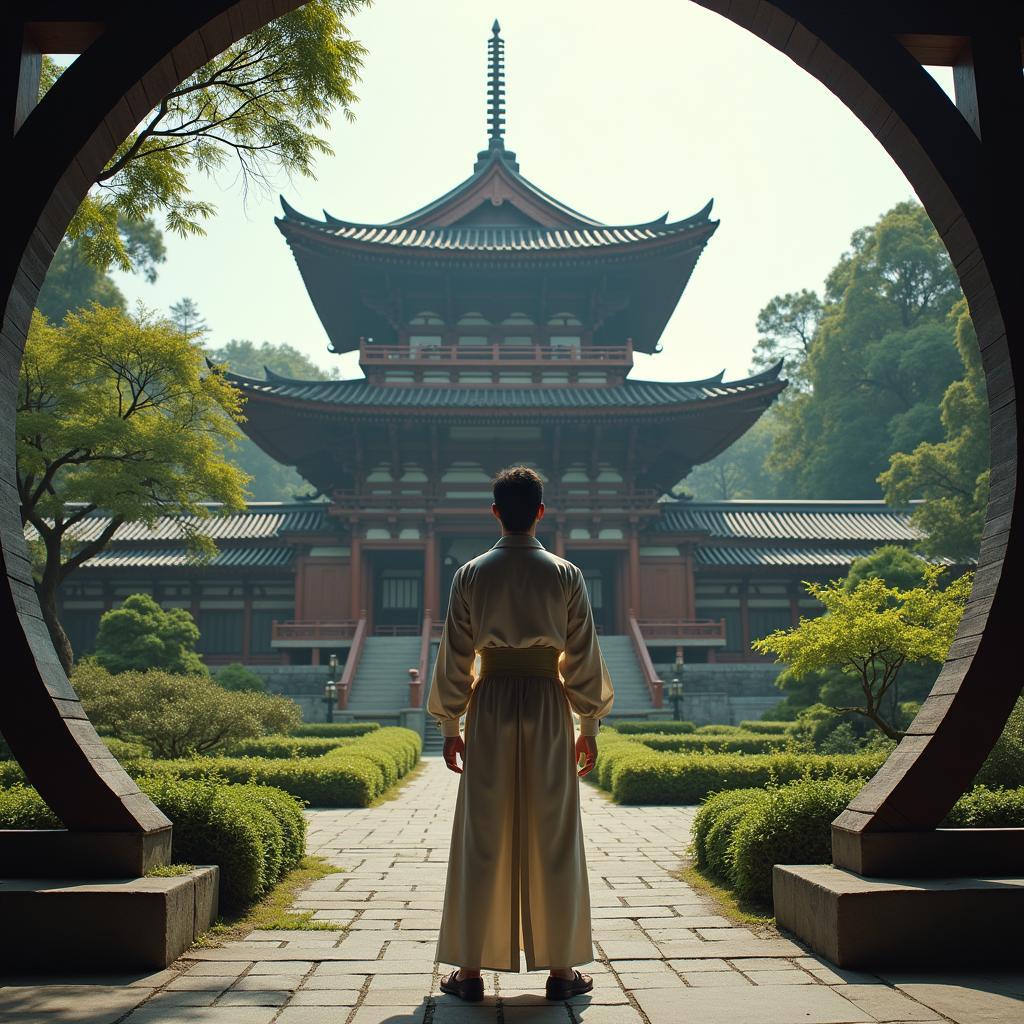 Adam Trent in front of a traditional Japanese temple.