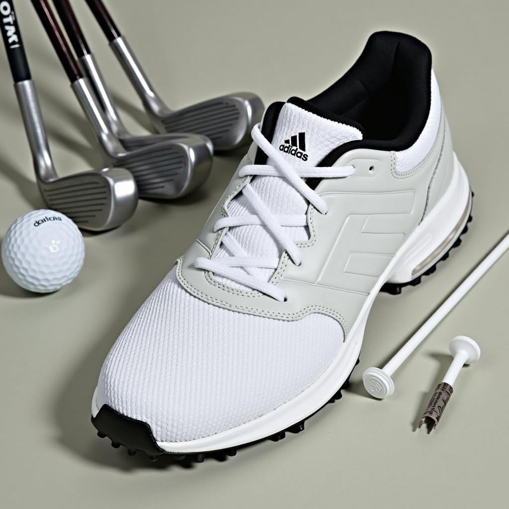 Adidas Tour 360 Knit Golf Shoes White Grey displayed alongside golf clubs and other equipment