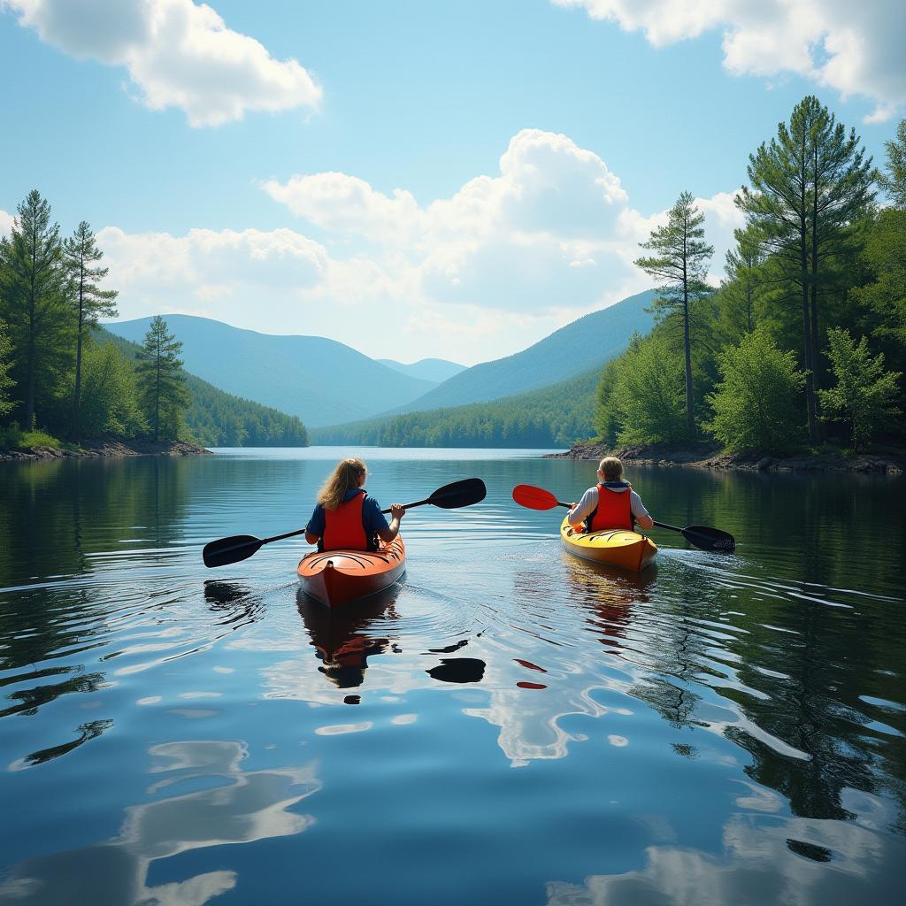 Kayakers paddling across a serene lake in the Adirondacks