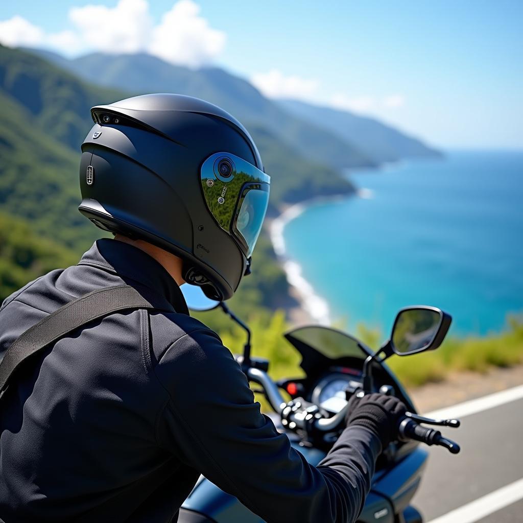 Adventure touring helmet on a rider cruising along a scenic Japanese coastal highway