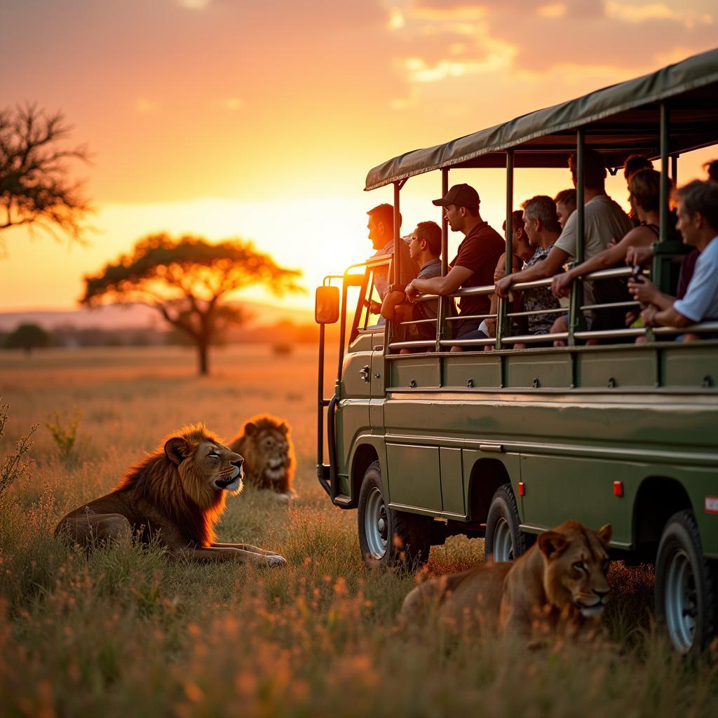 Close encounter with lions on an African safari tour bus