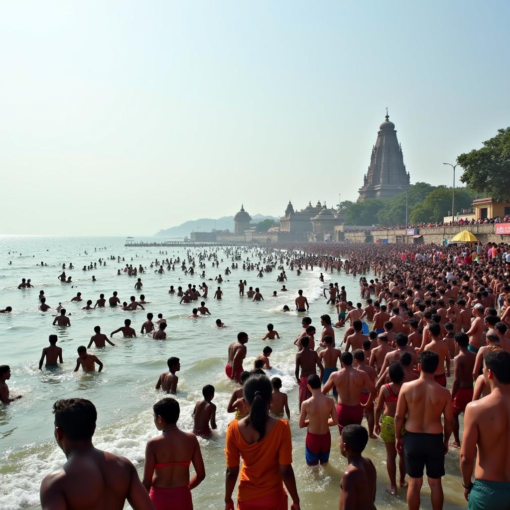 Pilgrims taking a holy bath at Agni Theertham