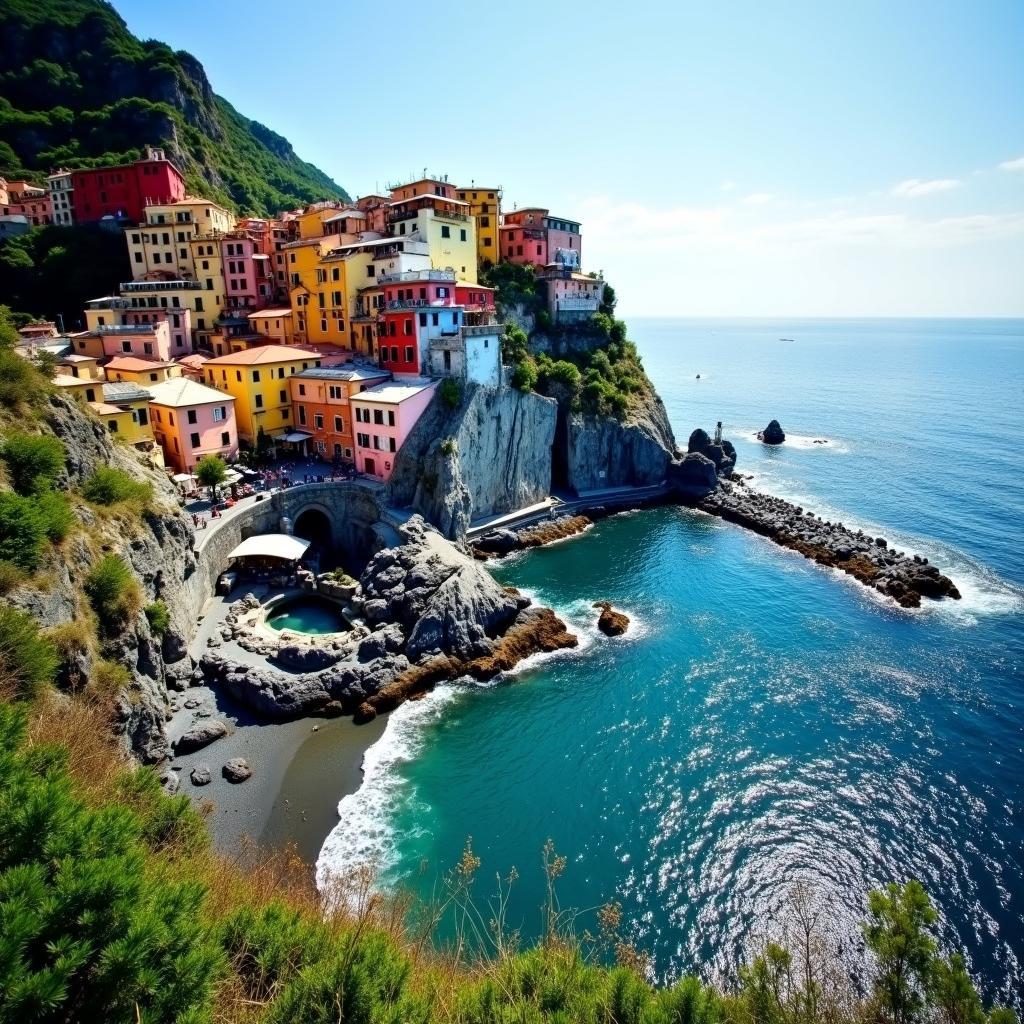 Panoramic view of the Amalfi Coast with colorful houses perched on cliffs and turquoise water below