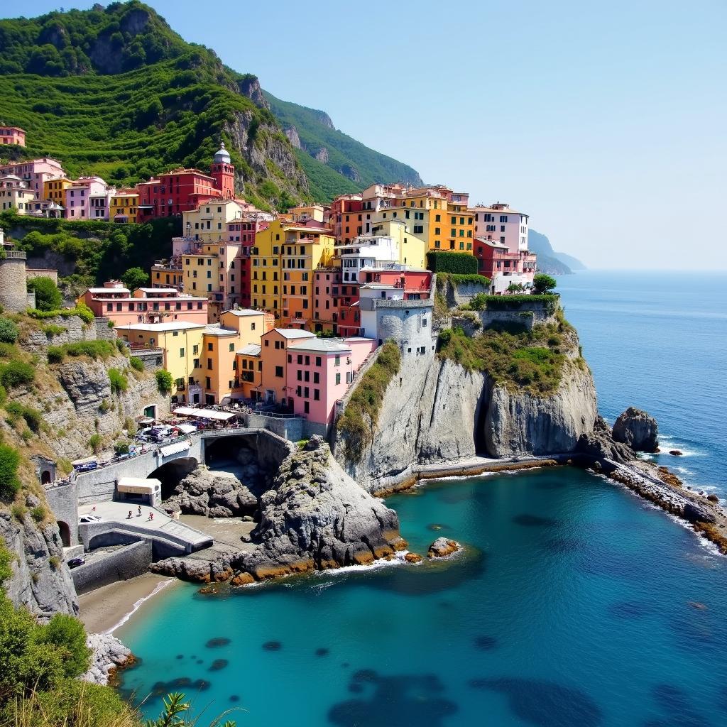 View of Positano, a colorful village on the Amalfi Coast, with its iconic stacked houses and the sea in the background