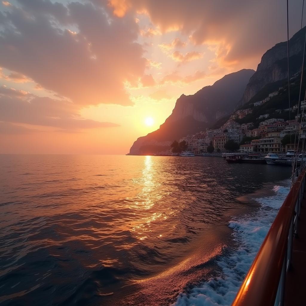 Sunset view of the Amalfi Coast from a boat