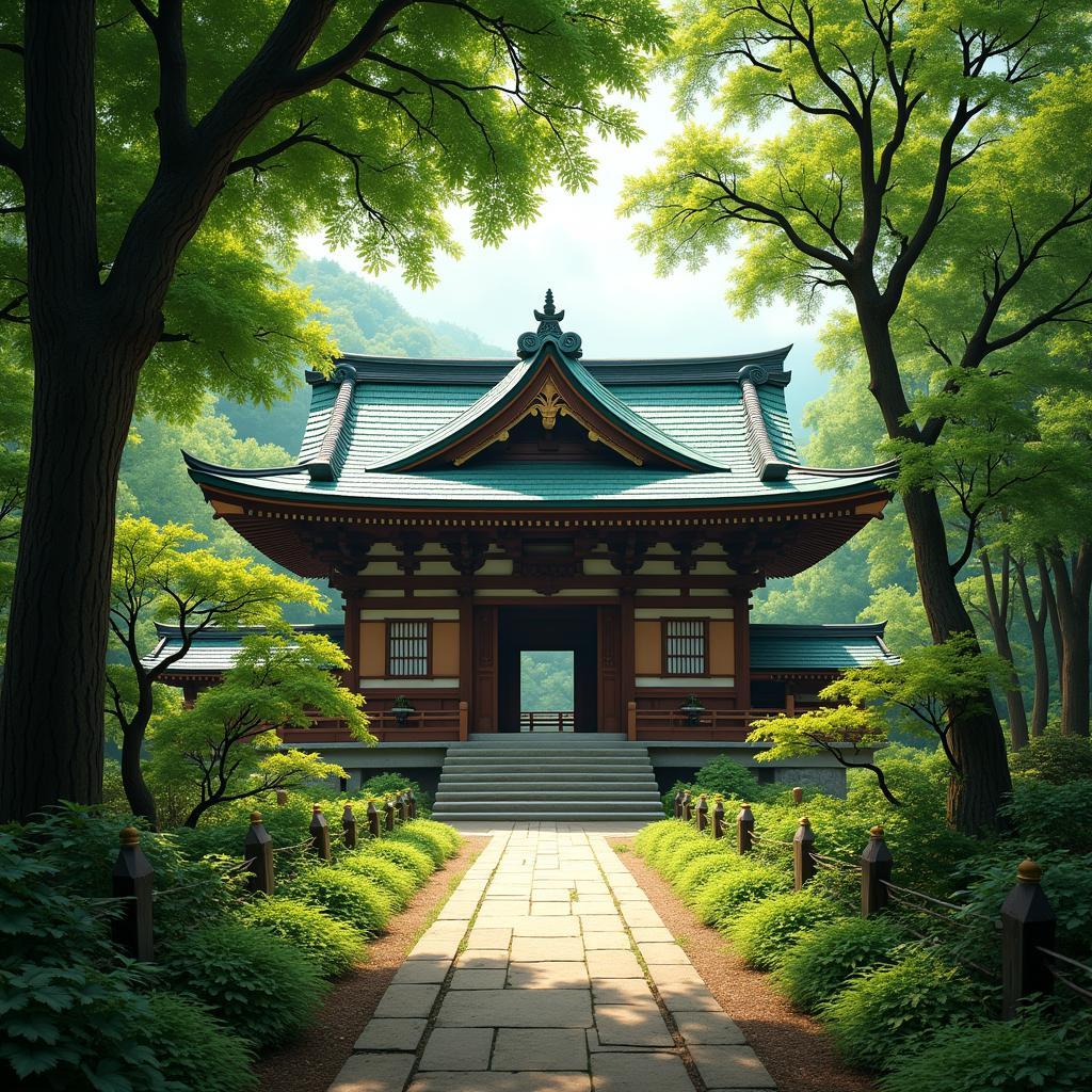 Exploring Ancient Temples and Shrines in Japan: A serene view of a traditional Japanese temple nestled amidst lush greenery.