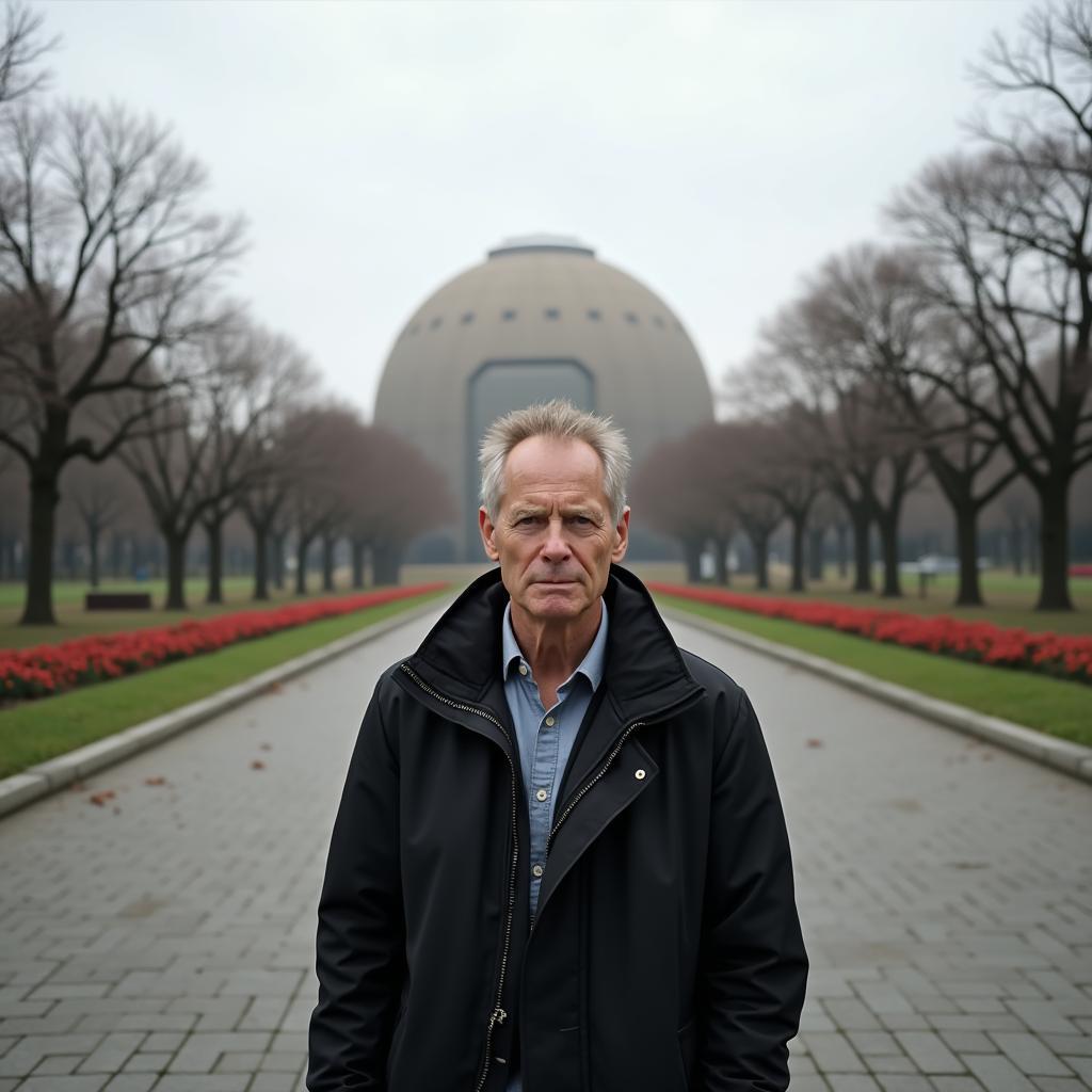 Anthony Jeselnik looking out over the Hiroshima Peace Memorial Park, a contemplative expression on his face.