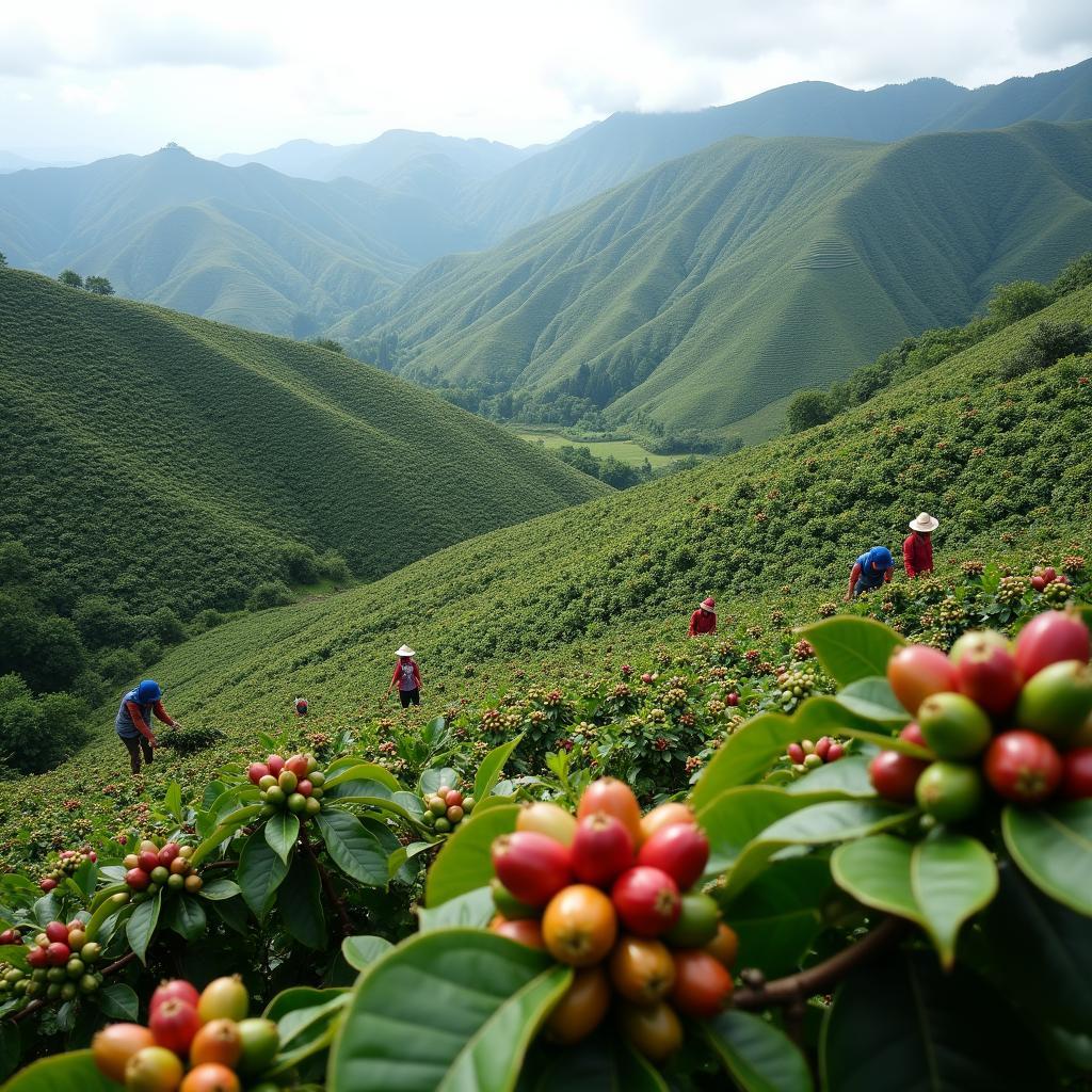 Vast coffee plantations covering the hillsides of Araku Valley, with workers harvesting coffee beans.