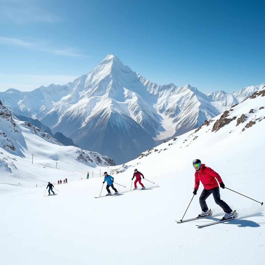 Skiers on the slopes of Auli with Nanda Devi in the background