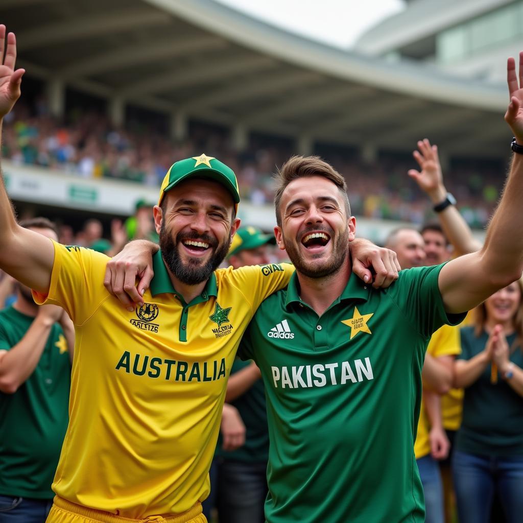 Australian and Pakistani cricket fans celebrating together