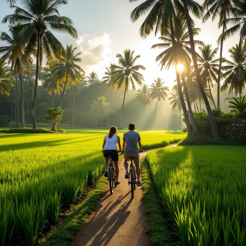 Couple Cycling Through Lush Rice Paddies in Bali