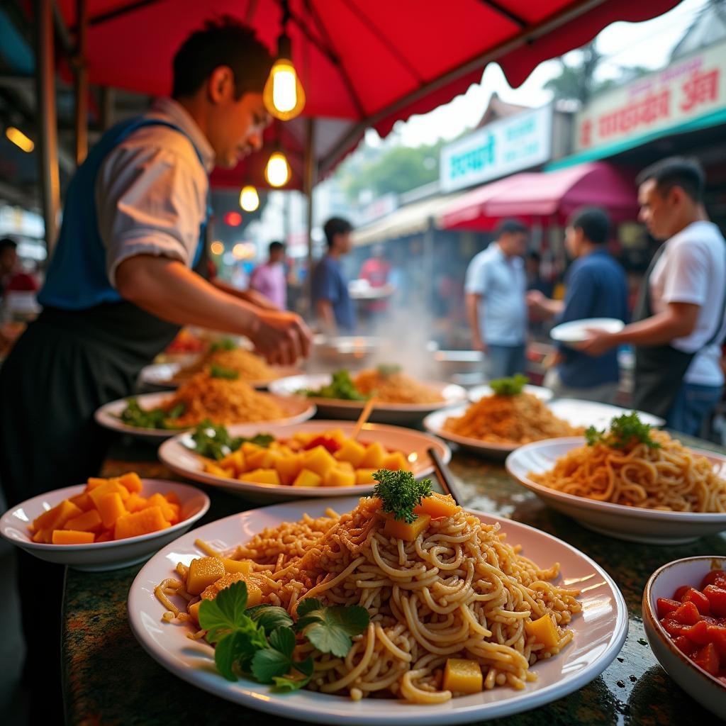 Delicious Pad Thai and Mango Sticky Rice at a Bangkok Street Food Stall