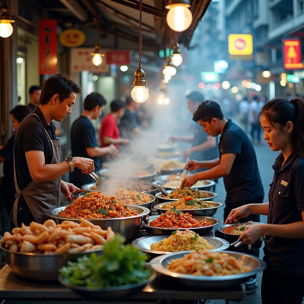 Bangkok street food vendors preparing delicious meals.