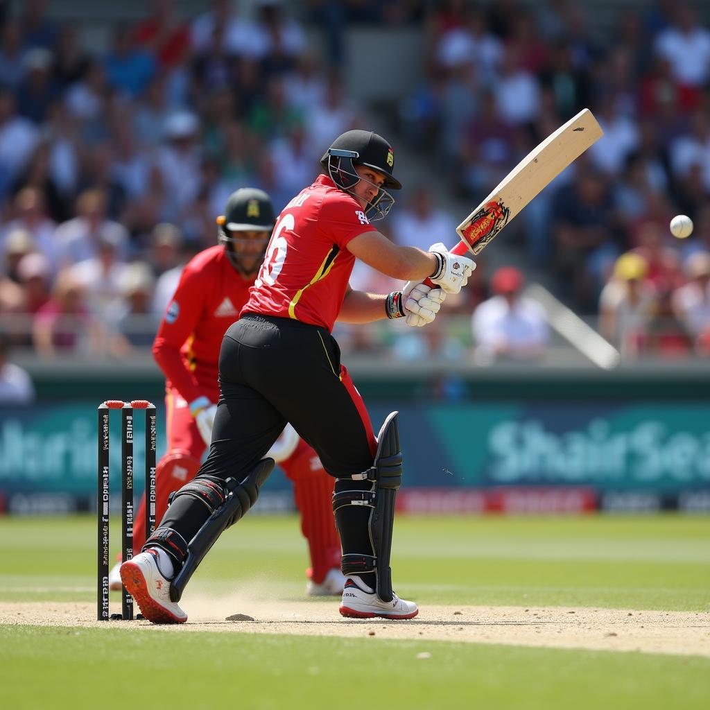 Belgium batsman hitting a six during the 1st T20I against Germany at Waterloo 2018