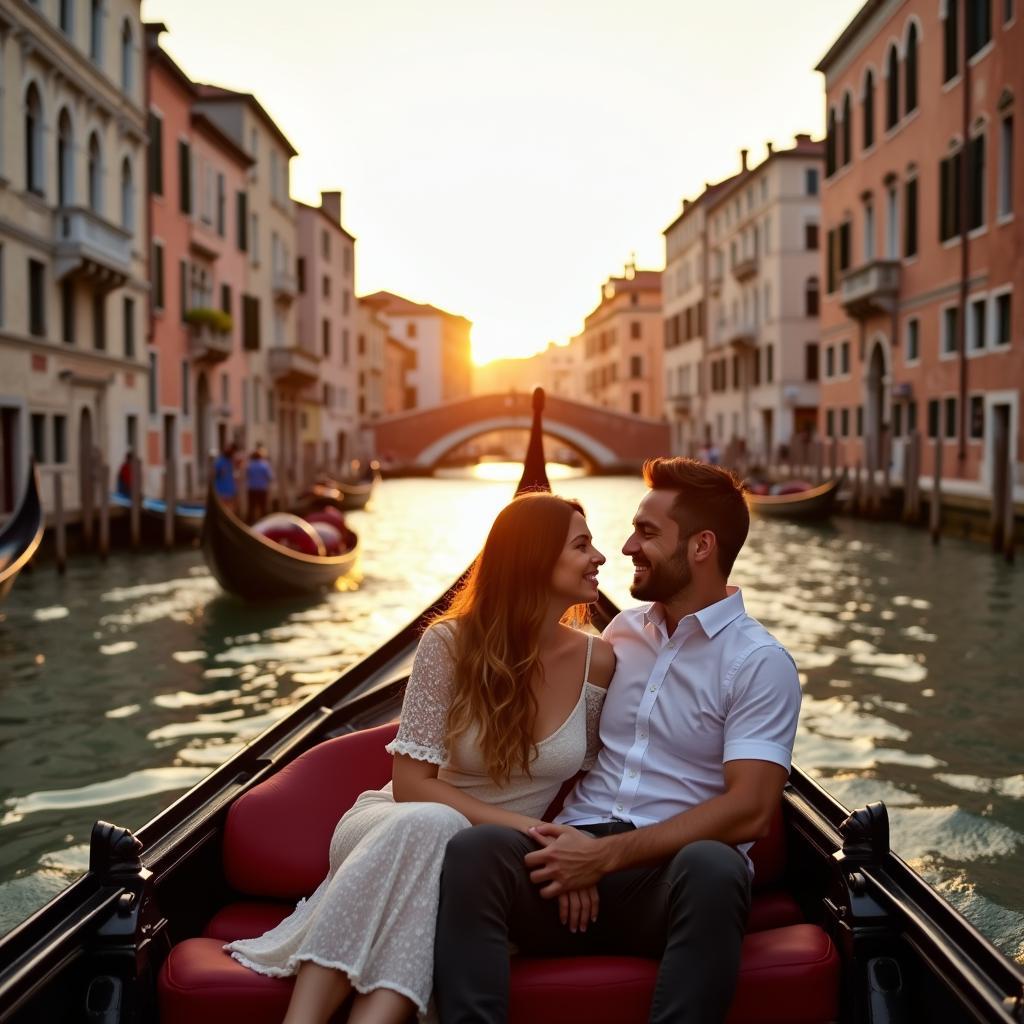 Couple enjoying a romantic gondola ride in Venice during a best of Europe tour.