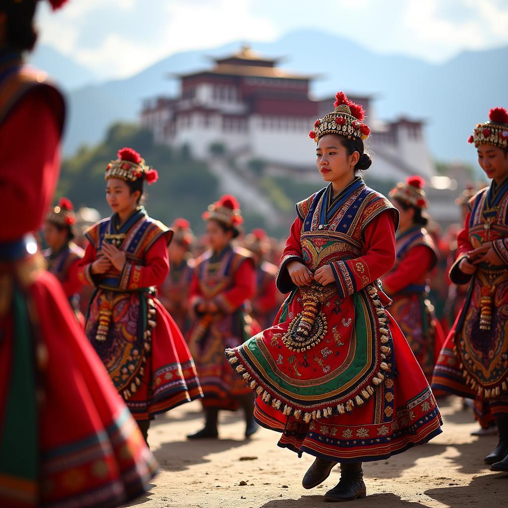 Bhutanese dancers in vibrant costumes at Paro Tshechu in May