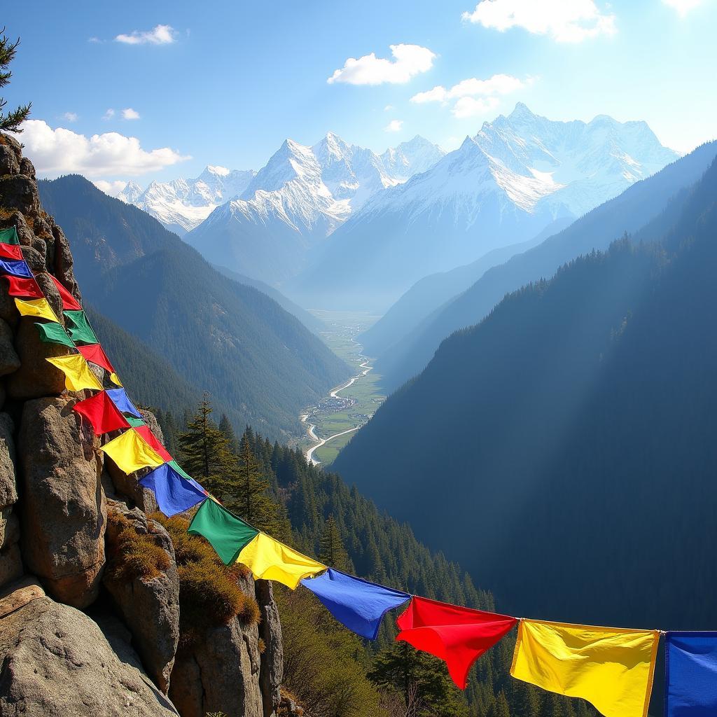 Colorful Prayer Flags fluttering in the Bhutanese Mountains