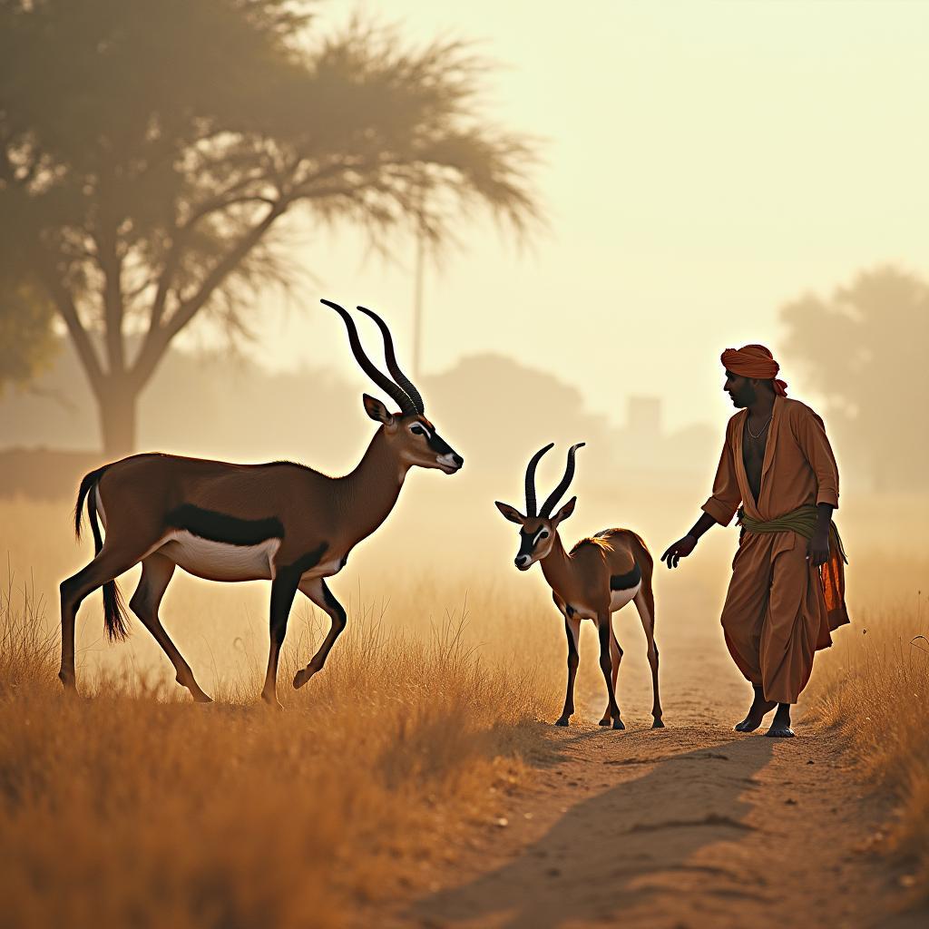 Bishnoi villagers interacting peacefully with blackbuck