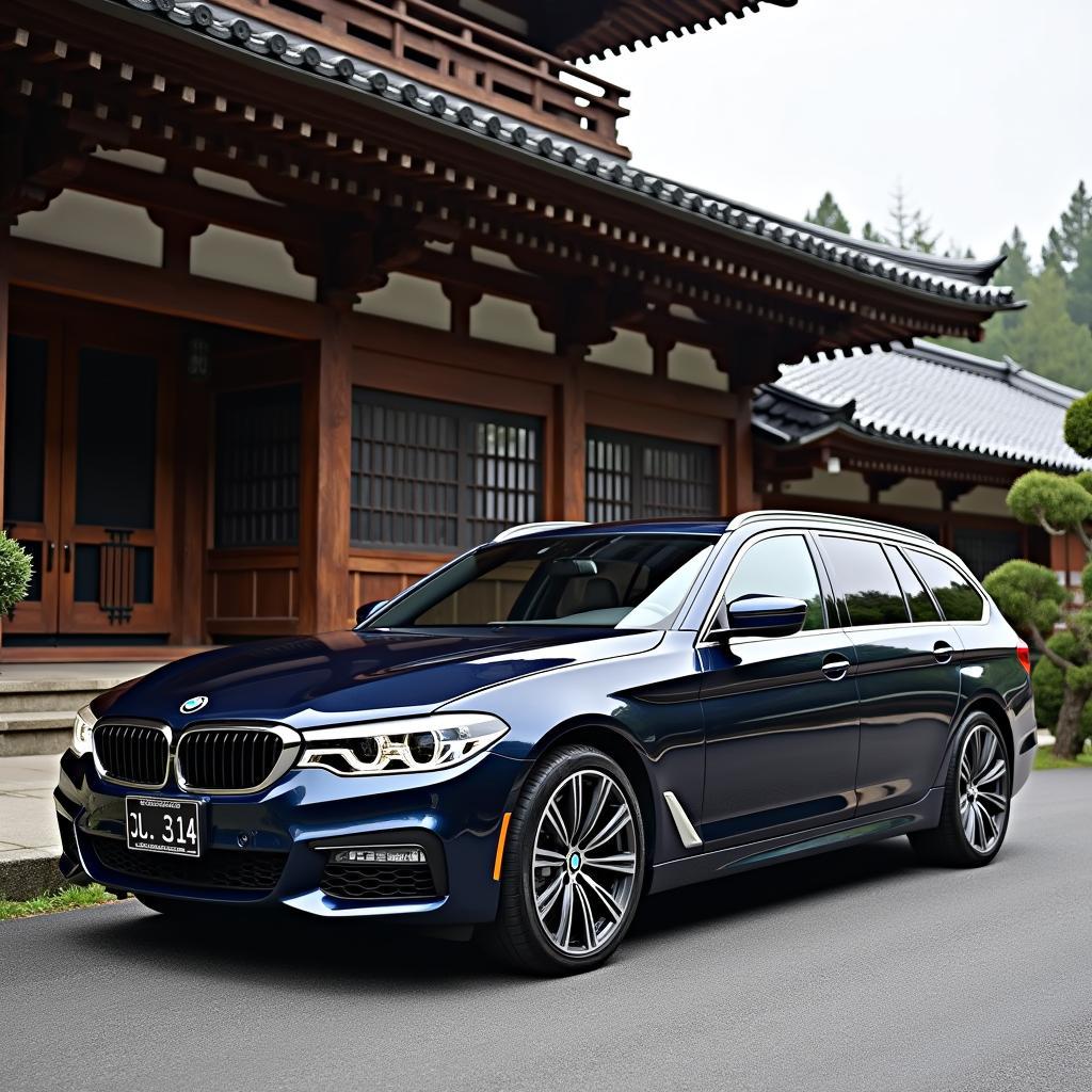 BMW 5 Series xDrive Touring parked near a traditional Japanese temple