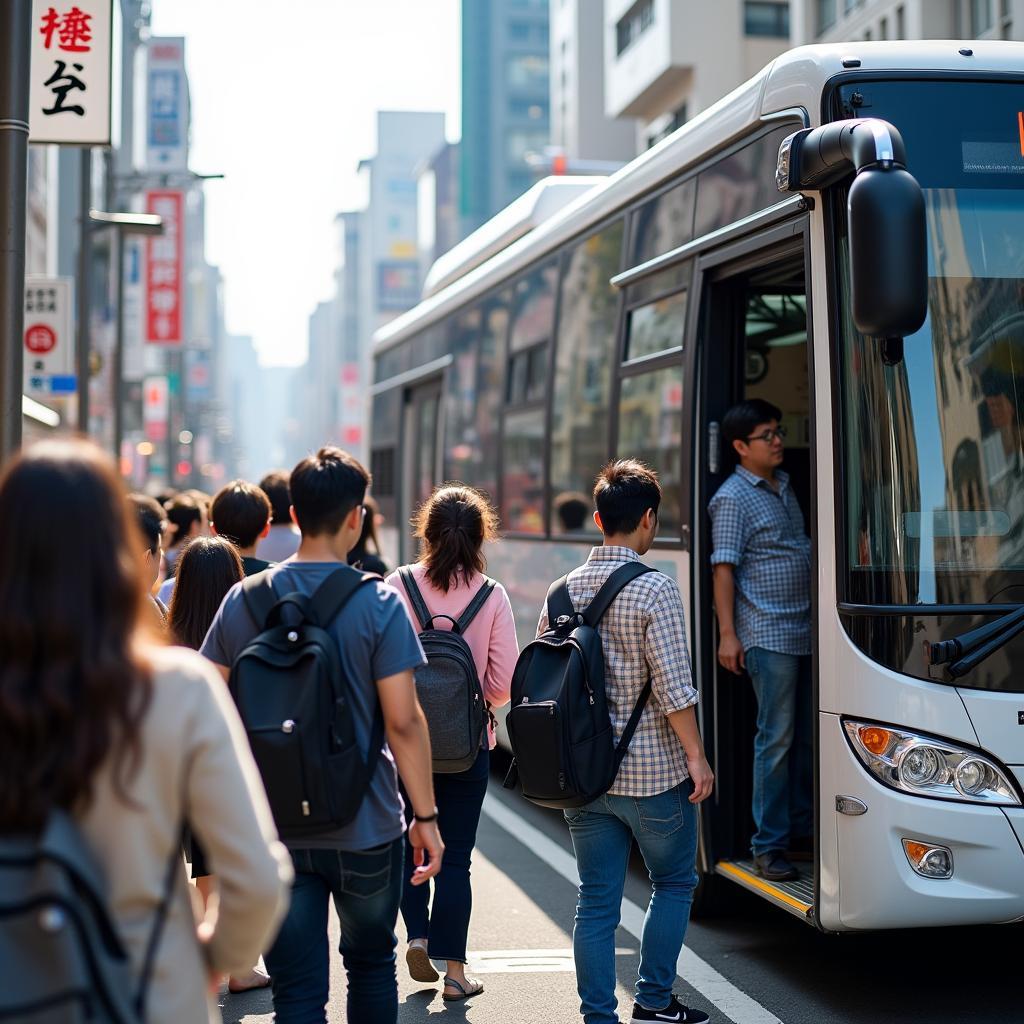 Group of tourists boarding a bus in Japan for a budget-friendly tour