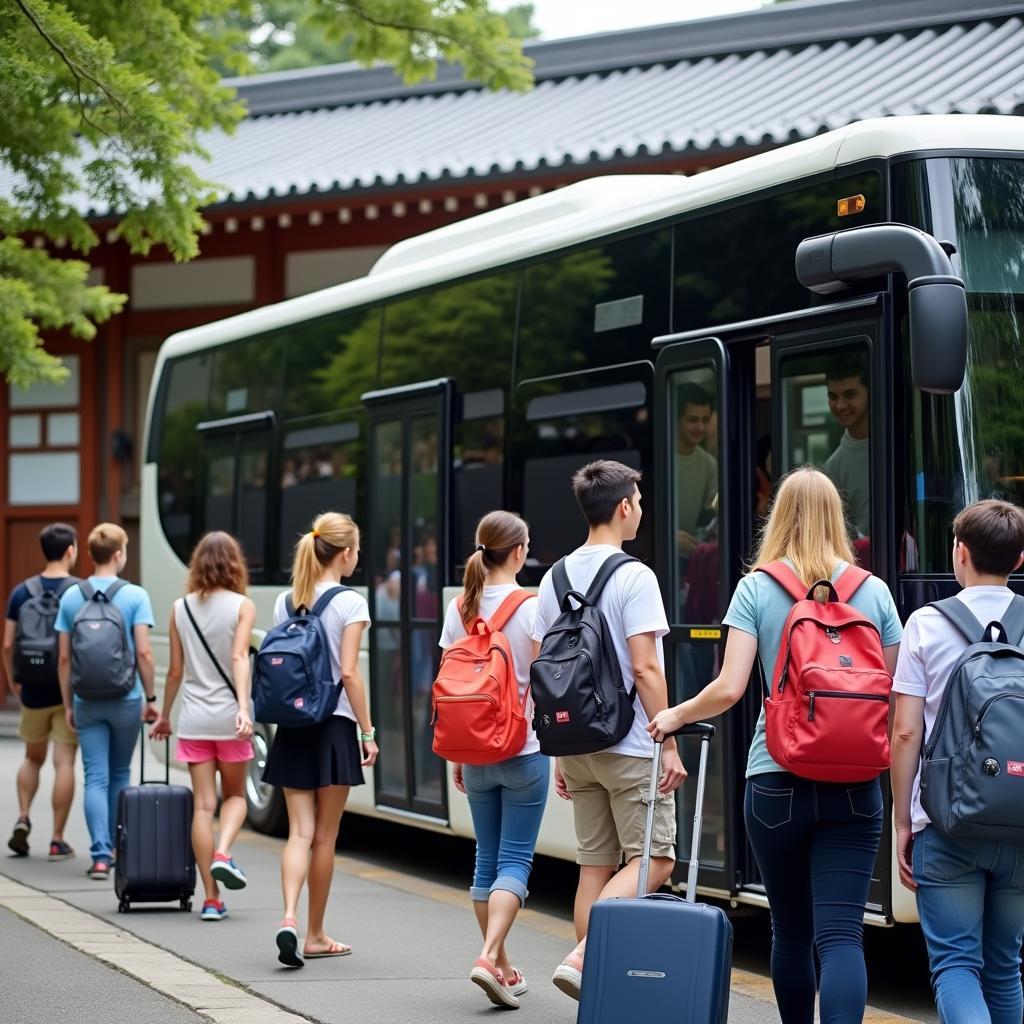 Group of tourists boarding a bus for a budget-friendly tour in Japan