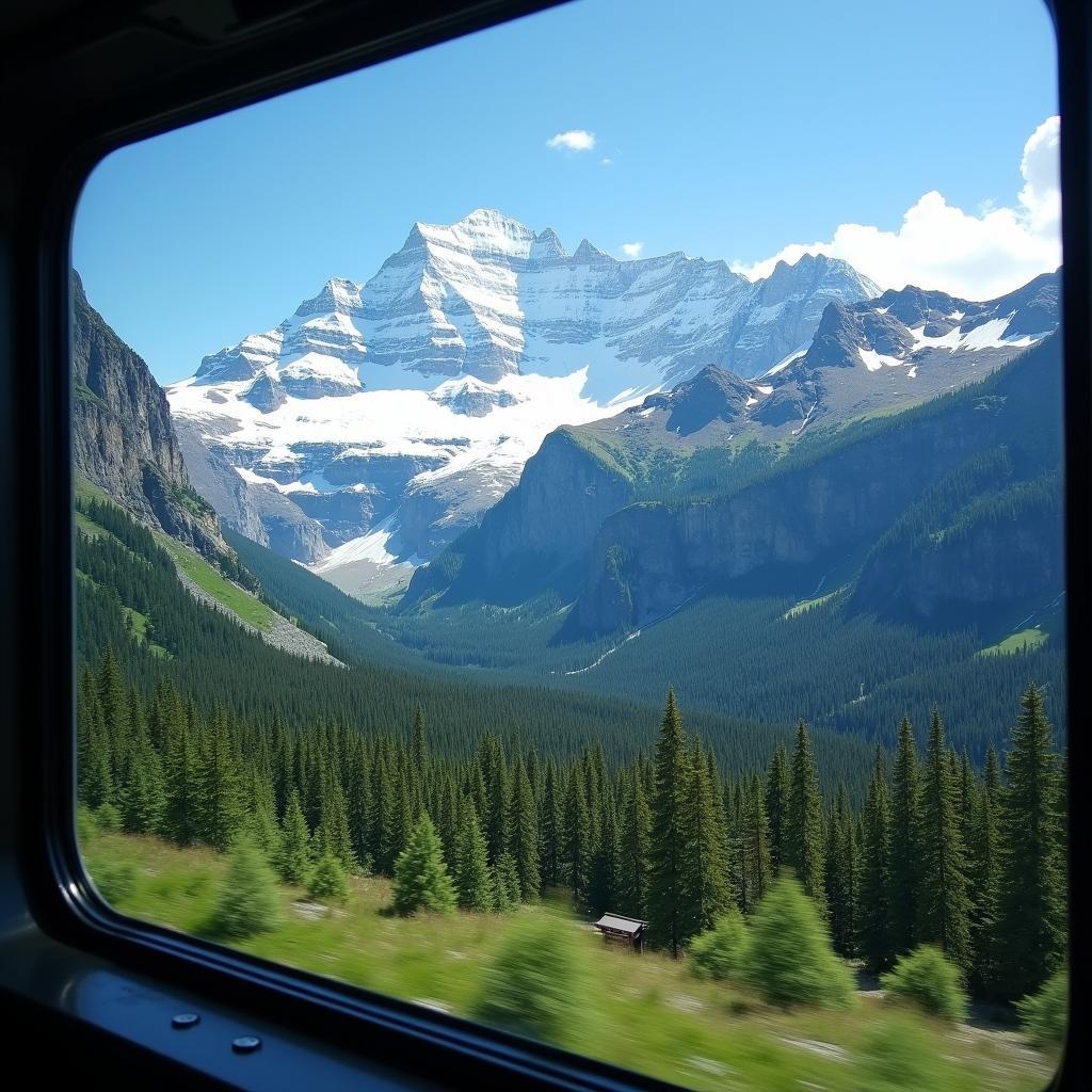 Scenic view of the Canadian Rocky Mountains from a train