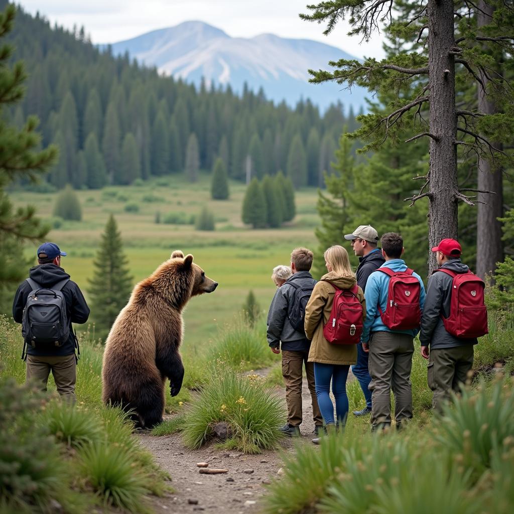 Tourists observing a bear in the Canadian wilderness with a guide.