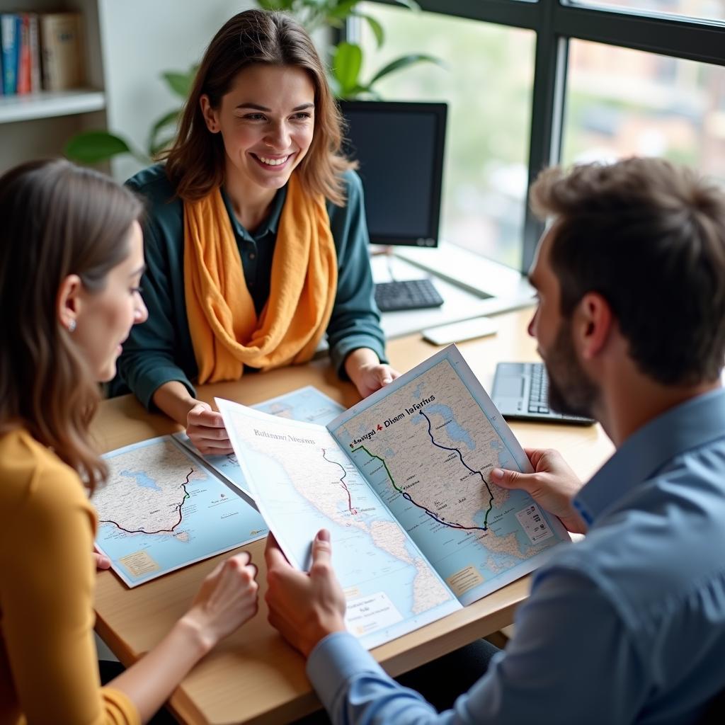 A travel agent discussing 4 Dham Yatra tour packages with a couple.