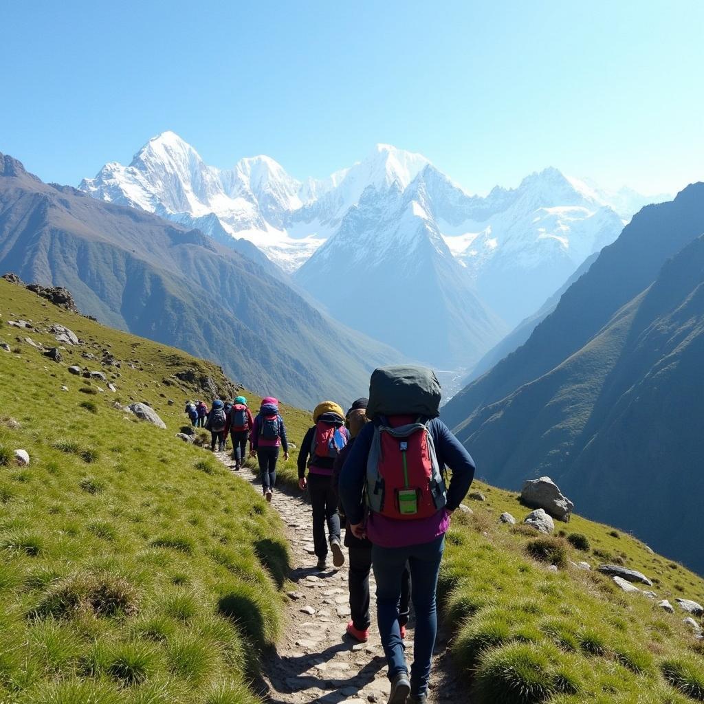 Trekkers on the trail to Tungnath with a Himalayan backdrop