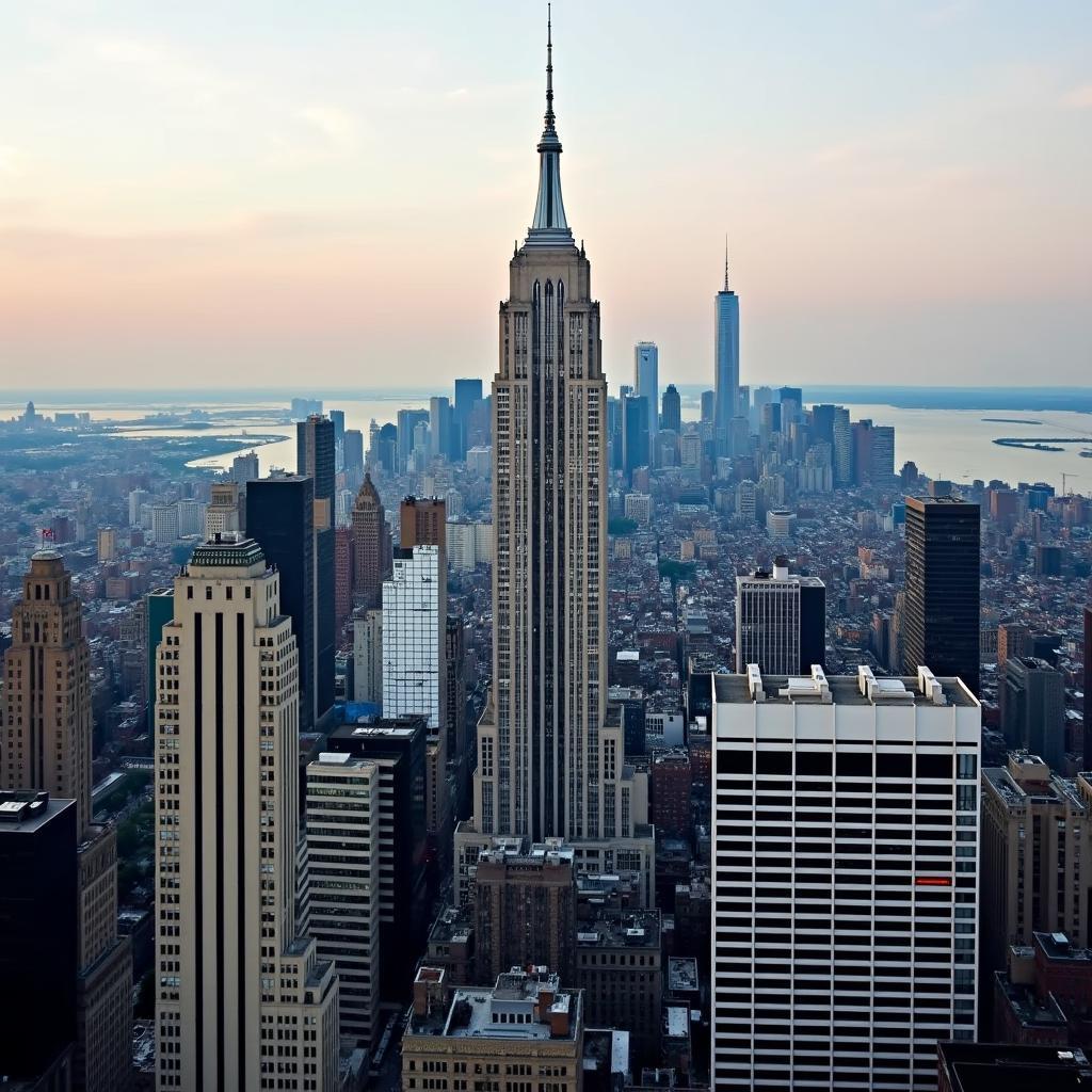 Chrysler Building aerial view: An aerial shot of the Chrysler Building amidst the New York City skyline, highlighting its distinctive spire and prominent position.