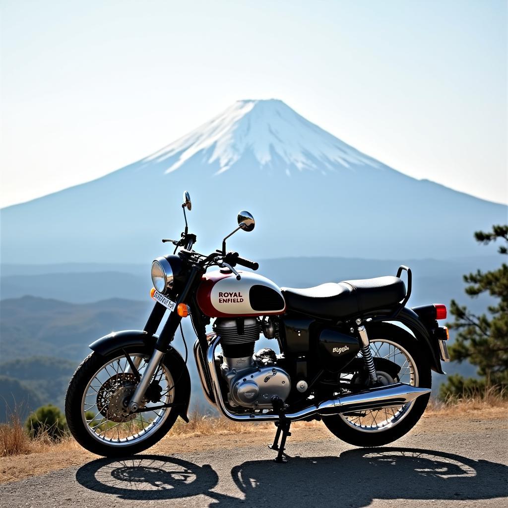 Royal Enfield Classic 350 with touring seat parked overlooking Mount Fuji