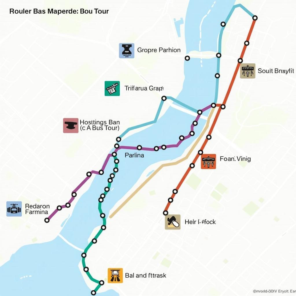 A map of Manhattan highlighting different bus tour routes, each marked with a distinct color, showcasing various points of interest and neighborhoods.