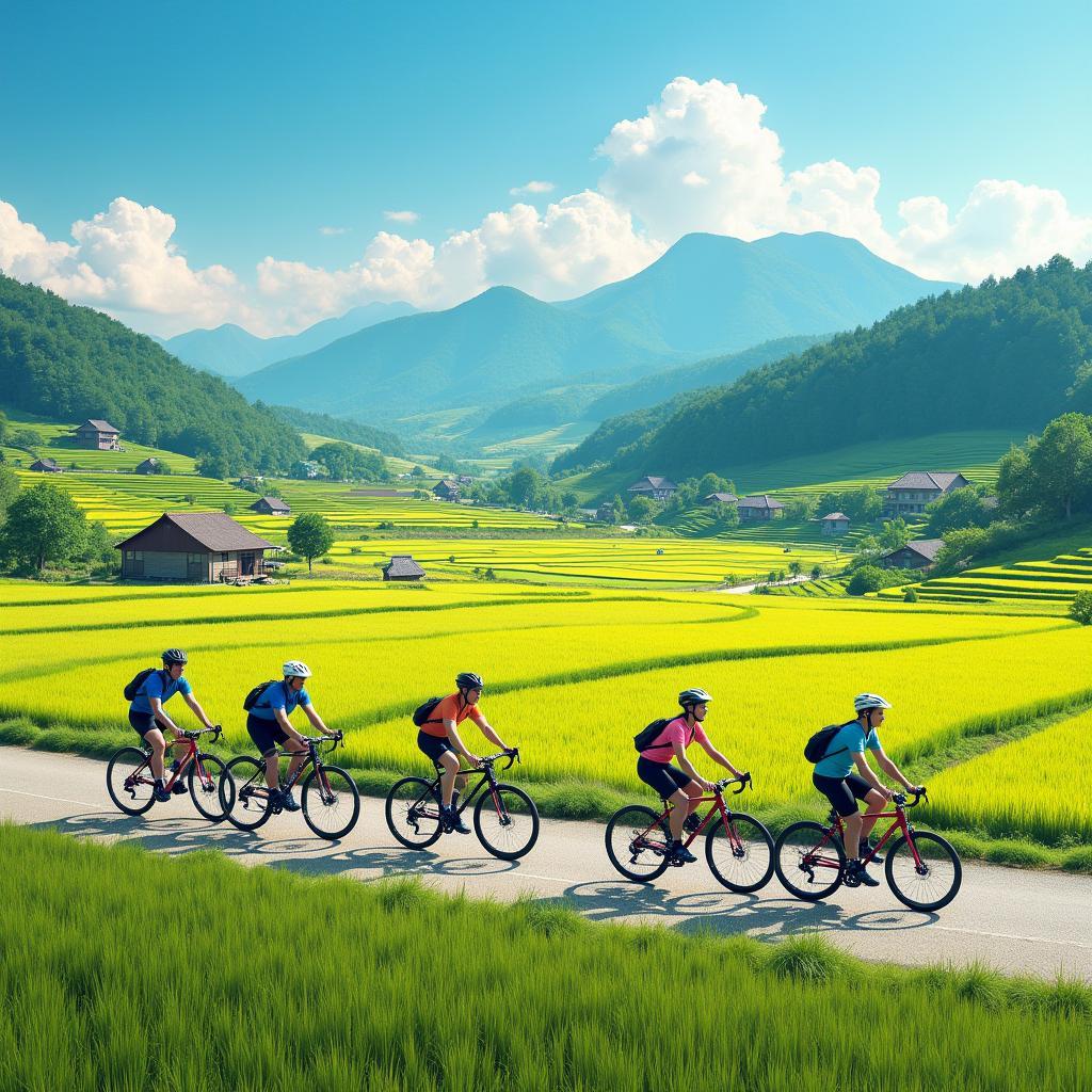 Cycling through lush green rice paddies in rural Japan