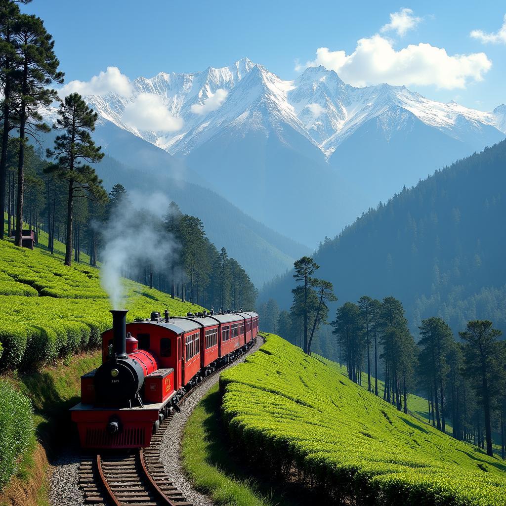 Darjeeling Himalayan Railway Toy Train winding through lush green tea plantations with the majestic Himalayas in the background