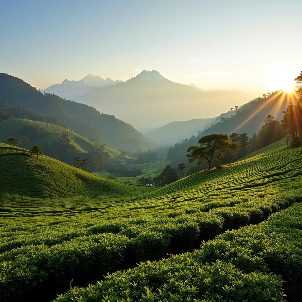 Darjeeling tea gardens at sunrise with Kanchenjunga in the background