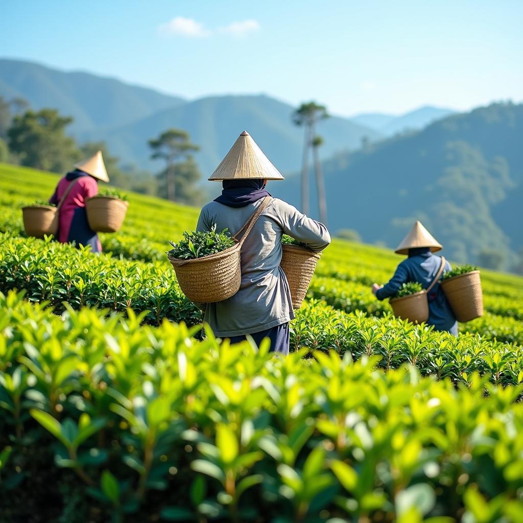 Workers plucking tea leaves in a Darjeeling tea garden during a sunny summer day.