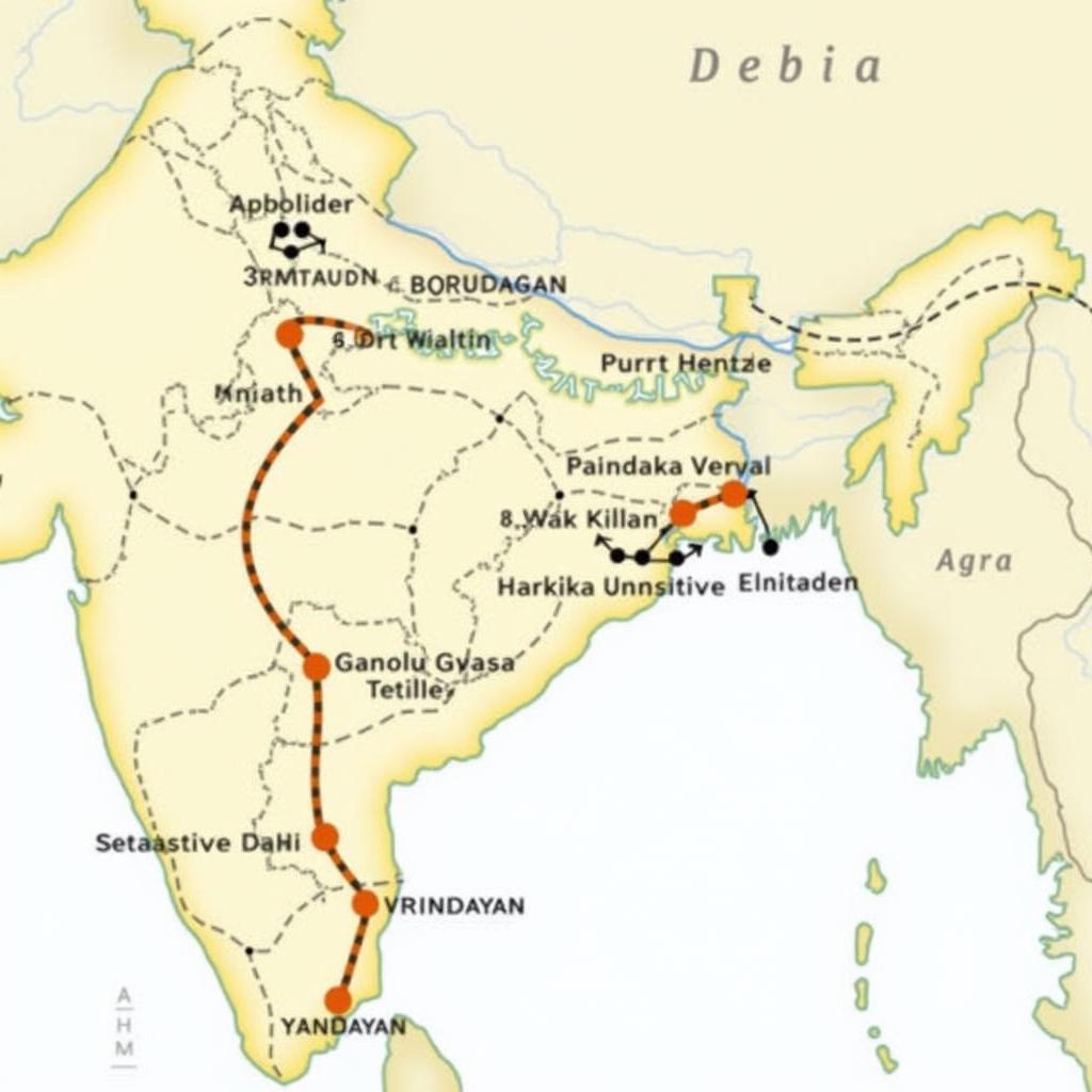 Map highlighting the route of a 4 day Delhi Agra tour