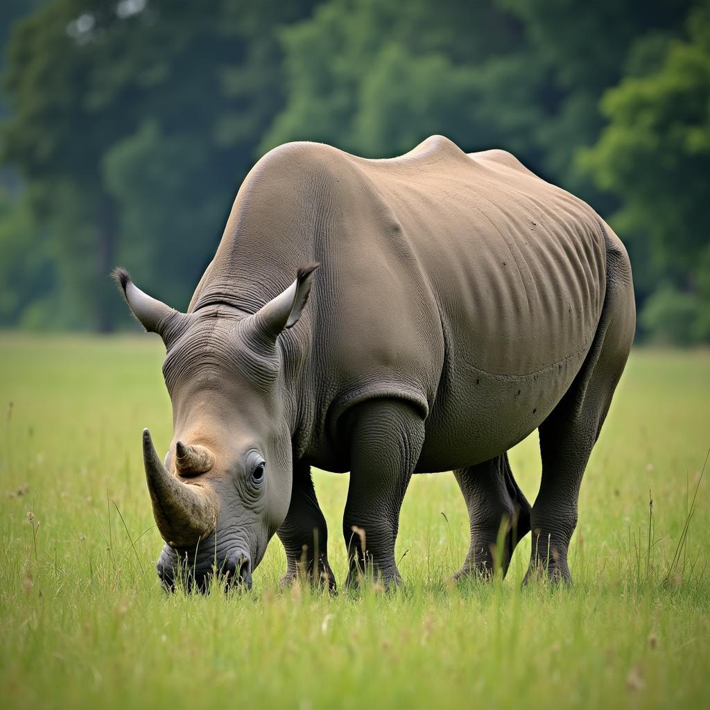 Indian rhinoceros grazing in the grasslands of Dooars