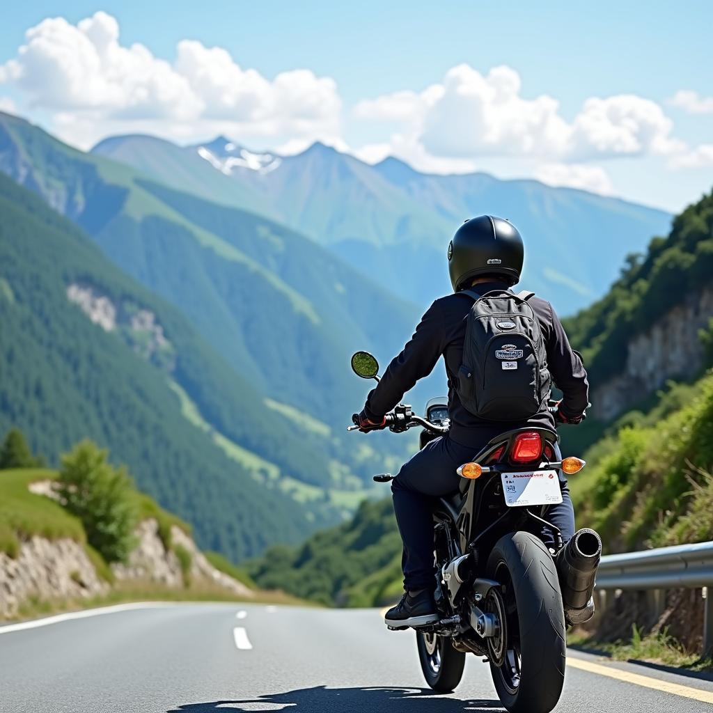 Dual sport helmet on a rider navigating a scenic mountain pass in Japan