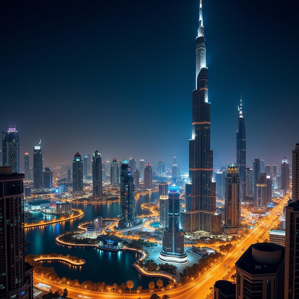 Dubai cityscape at night with illuminated skyscrapers and vibrant lights