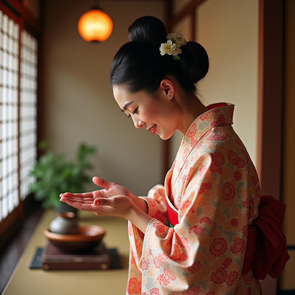 A Japanese woman in traditional attire bowing in a gesture of welcome, representing the concept of Omotenashi.