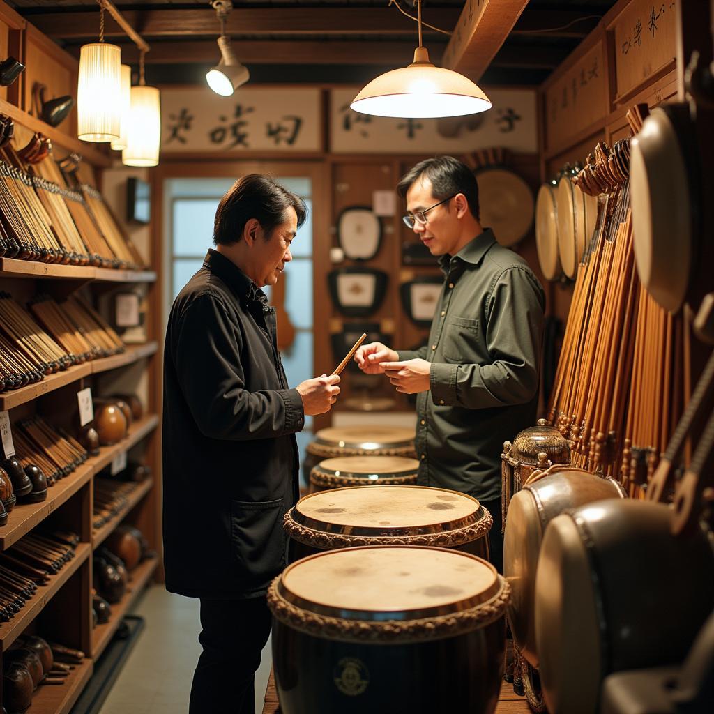 A tourist exploring traditional Japanese musical instruments in a local shop.