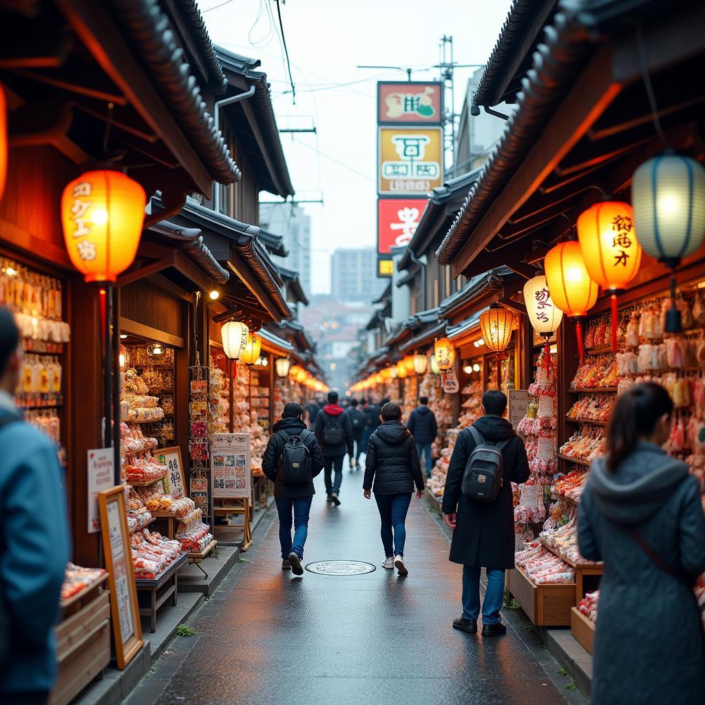 Tourists exploring the vibrant streets of Kyoto, with traditional shops and colorful lanterns.