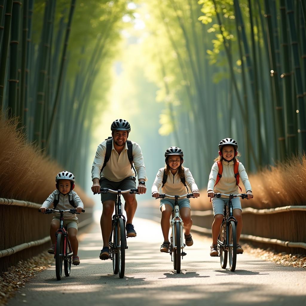 Family cycling through Kyoto's iconic bamboo forest