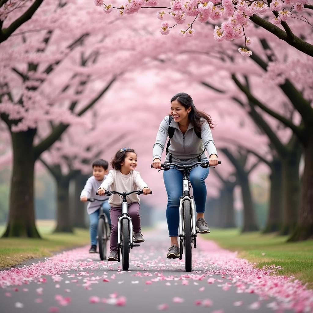 Family cycling amidst cherry blossoms