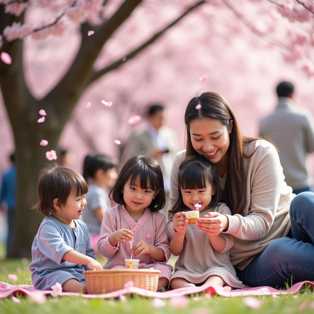 Family enjoying cherry blossom viewing in Japan