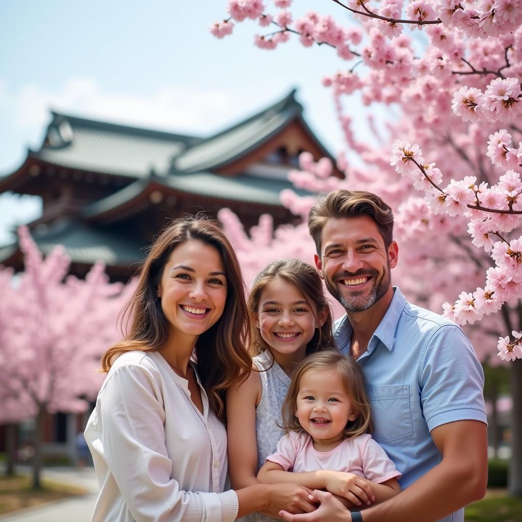 Family enjoying cherry blossoms in Japan during a Vadodara tour package