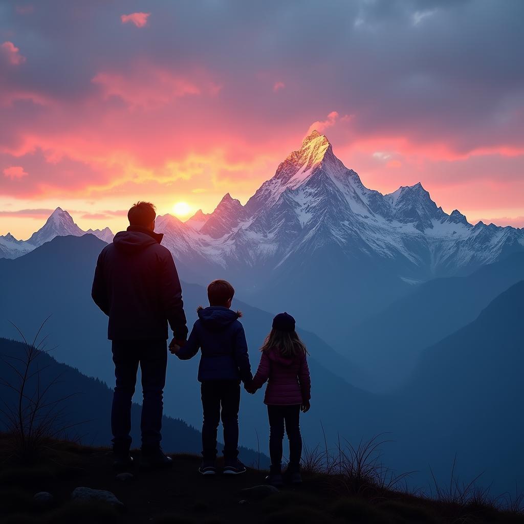 A family enjoys the breathtaking mountain view in Nepal.