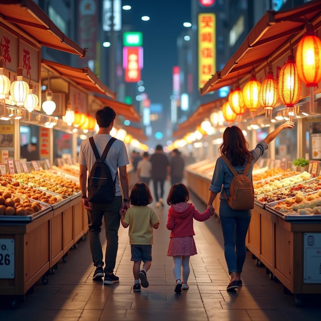 Family exploring Tokyo street food scene