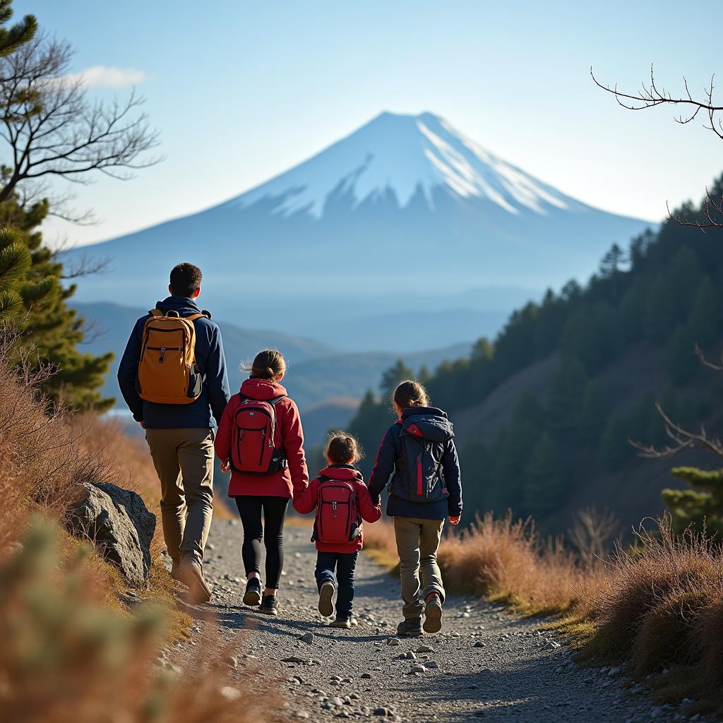 Family hiking Mount Fuji, Japan